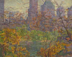 Bruce Nelson, New York Skyline from Central Park, oil on canvas laid down to masonite