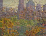 Bruce Nelson, New York Skyline from Central Park, oil on canvas laid down to masonite