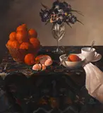 Stone Roberts, Tabletop Still Life with Oranges and Pansies, circa 1983, oil on canvas
