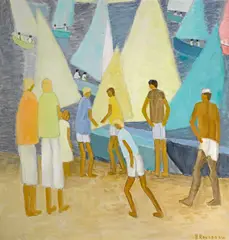 Helen Rousseau, Boats on the Shore, oil and charcoal on board