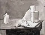 James Weeks, Still Life, 1969, charcoal and ink wash on paper board