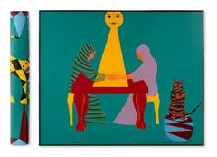 Joan Brown, The Clairvoyant, 1981, oil enamel on canvas on convex panel; oil enamel on canvas, in two parts