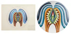 Judy Chicago, Test Plate for Hatshepsut, 1977-78; Study for The Dinner Party, 1975 (2), first Prismacolor over color pencil on porcelain; second graphite and color pencil on paper