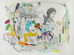 Adam Janes, Don't Cry for the Man in the Box for it is Only a Squirrelly Business, 2006, acrylic, graphite, watercolor, marker, oil pastel and paper collage on paper
