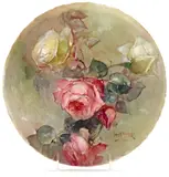 Franz Bischoff, Pink and yellow roses, 1908, porcelain plaque