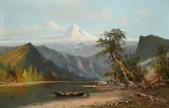 William Weaver Armstrong, Indians in a canoe at the base of a snow covered mountain, oil on canvas