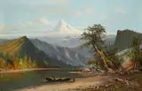 William Weaver Armstrong, Indians in a canoe at the base of a snow covered mountain, oil on canvas