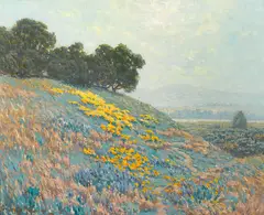 Granville Redmond, Landscape with poppies, lupine and distant lake, oil on canvas
