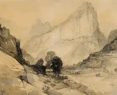 Thomas Moran, Cliffs and mountains along the Green River, Wyoming, ink and wash on paper