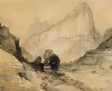Thomas Moran, Cliffs and mountains along the Green River, Wyoming, ink and wash on paper