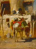Peter Moran, Burros and Indian child, pueblo scene