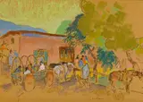 William Penhallow Henderson, Taos village plaza, San Geronimo Day; Women and children, pueblo scene (group of two), first signed 'Henderson' (lower right); second initialed 'WPH' (lower right)