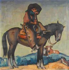 Lon Megargee, Lone cowboy, oil on board
