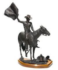 Bill Owen, Sacking out a bronc, bronze with brown patina on a wooden base