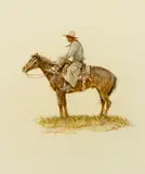 Cowboy on horseback by Olaf Wieghorst, watercolor, gouache and pencil on paperboard, sold Aug 2015