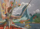 Millard Sheets, Mou'a roa through an old kamani tree, Mo'orea