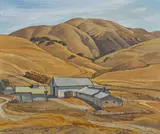 Ray Strong, Ranch with rolling hills beyond, oil on canvas board