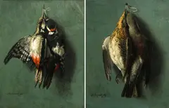 Pics épeiches (Great-spotted woodpeckers); Grives litornes (Fieldfare thrushes) (a pair) by Benjamin Raspail fils, sold Jul 2015