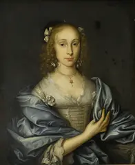 John Michael Wright, A portrait of a lady, half-length, in a white dress and blue wrap wearing a pearl necklace with a six pointed star pendant, oil on canvas