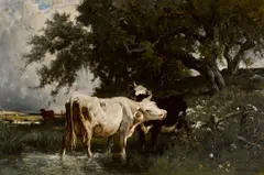 Emille Van Marcke, Cattle watering under a sheltering tree, oil on canvas