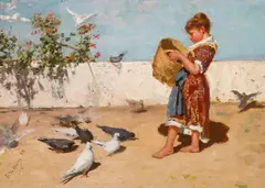 Ettore De Maria Bergler, Feeding the pigeons, oil on panel