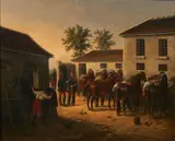 F. Bastin, Military figures grooming horses in a stable yard, oil on canvas