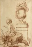 French School, Cherub holding a basket of fruit above his head; Young boy sitting before an urn in a garden (2), first, red chalk on laid paper; cut corners upper right and lower left; second red chalk on laid paper