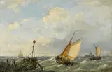 Hermanus Koekkoek Jnr., Fishing boats in a stiff breeze offshore, oil on panel