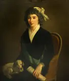 Jacques-Louis David, A portrait of a woman, three-quarter length, seated, with a dog in her lap and holding a sheet of music in her left hand, oil on canvas