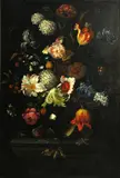 Jan van Kessel the Elder, A still life with flowers in a glass vase and a dragonfly on a stone ledge; A still life with flowers in a glass vase and fruit on a stone ledge (a pair)