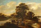 Klaes Molenaer, A landscape with a group of figures resting by a track, oil on panel