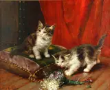 Léon Huber, Young cats, oil on canvas