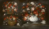 Spanish School, A still life with three vases of flowers