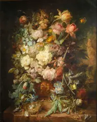 T. van Reem, A still life of roses and other flowers with butterflies and a bird's nest, oil on canvas
