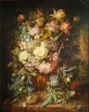 T. van Reem, A still life of roses and other flowers with butterflies and a bird's nest, oil on canvas
