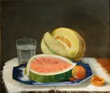 A still life with a cantaloupe and watermelon by American School, oil on canvas, sold Jul 2015