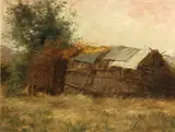 Grace Hudson, Indian dwelling with basket, oil on canvas affixed to board
