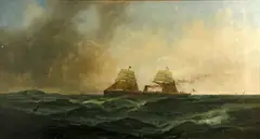 Seascape with ship by Gideon Jacques Denny, 1880, oil on canvas, sold Jul 2015
