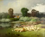 Charles T. Phelan, A flock of sheep by a river, oil on canvas