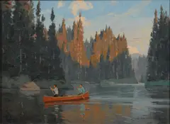Eric Riordon, A lake scene with with two figures canoeing in the foreground, oil on canvas