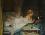 Pierre-Victor Galland, A child and doll on a bed, oil  on canvas