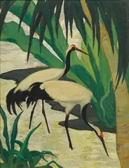Jessie Arms Botke, Cranes, oil and gold leaf on board