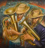 Alejandro Romero, Músicos ambulantes (Street Musicians), 1979, acrylic on paper board