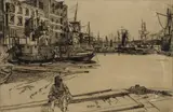 Eagle Wharf, pl. 11, from Sixteen Etchings of the Scenes on the Thames (K. 41) by James Abbott McNeill Whistler, 1859, Etching on laid paper, only one state, sold Apr 2015