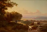 Thomas Hill, Sunset pastoral, oil on canvas