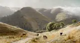 Thaddeus Welch, Riders and cattle on a Marin road, oil on canvas
