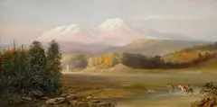 Gilbert Munger, Mount Shasta with Indians, oil on canvas