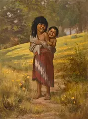 Alice Gray Coutts, Young girl with baby; On the hunt; Eating apples (group of 3), first and third oil on canvas; second oil on board