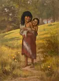 Alice Gray Coutts, Young girl with baby; On the hunt; Eating apples (group of 3), first and third oil on canvas; second oil on board