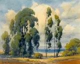 Percy Gray, Eucalyptus trees by the bay, watercolor on paper